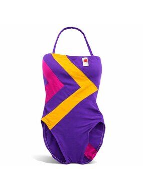 Vintage Sandcastle Colorblock One Piece Swimsuit 8 Purple Deadstock Beach Resort